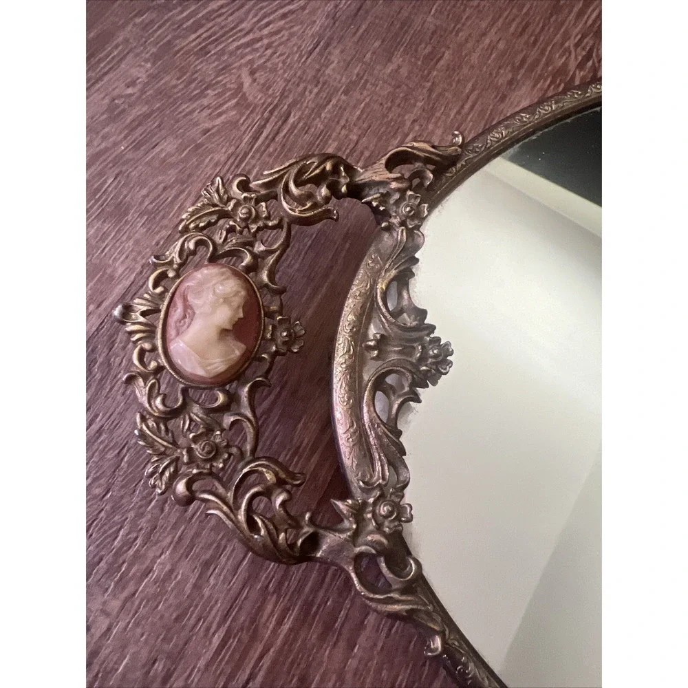 Vintage Cameo 24K Gold Plate Ormolu Rose Vanity Mirror Tray Bedroom Decor